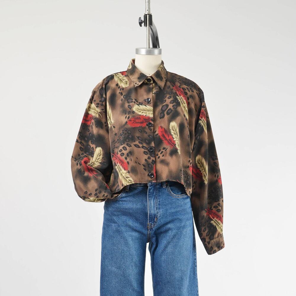 Vintage 90s Leopard Feather Print Cropped Blouse Button Down Shirt Top M L